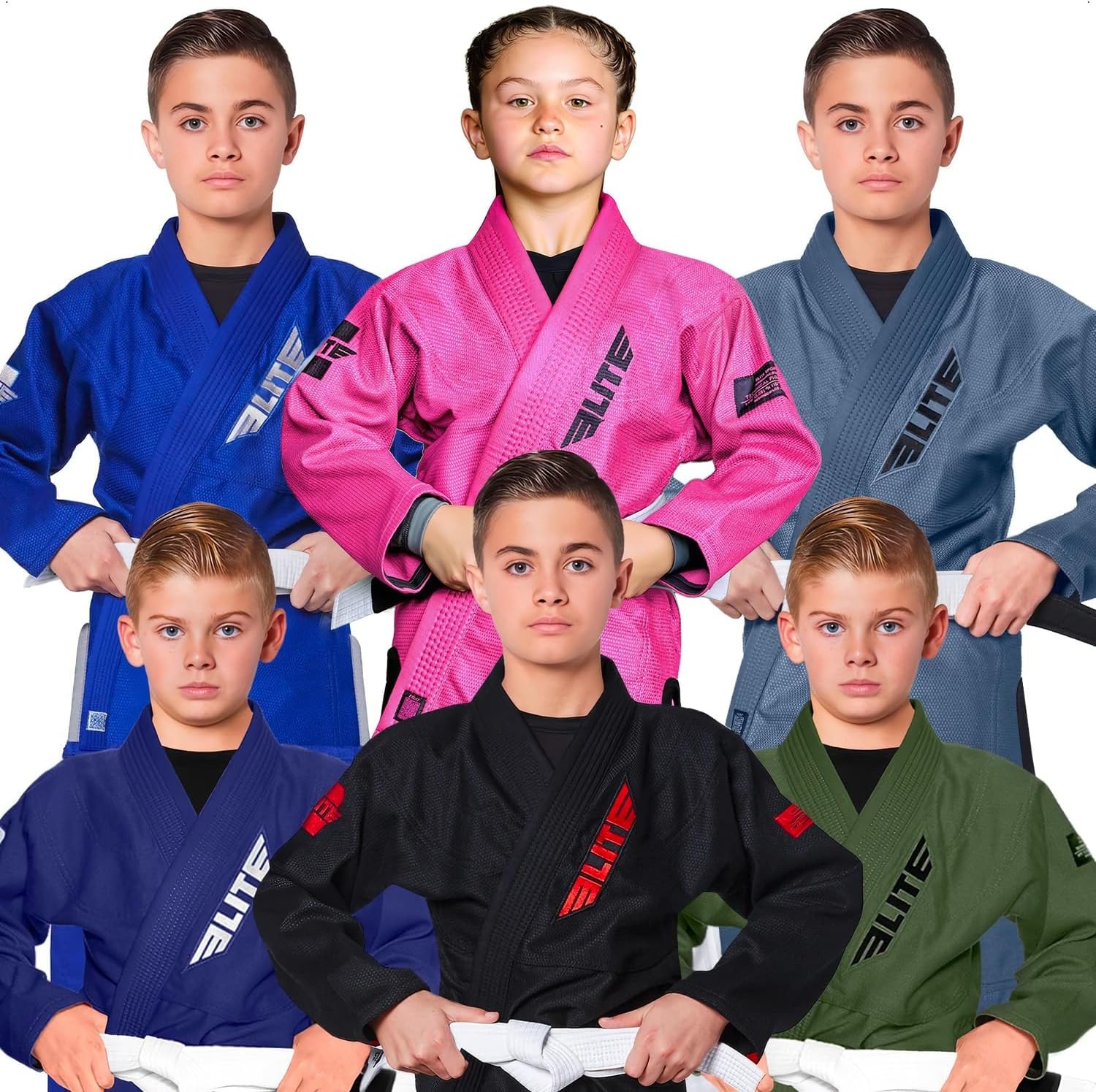 Elite Sports IBJJF Ultra Light BJJ Brazilian Jiu Jitsu Gi for Kids with Preshrunk Fabric and Free Belt