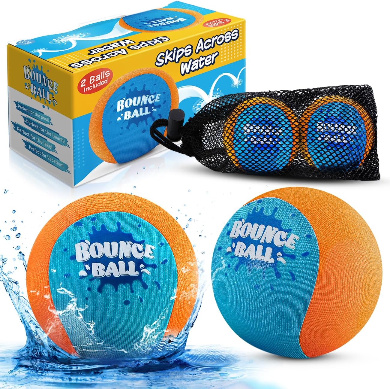 Bambilo Water Skipping Ball | 2-Pack Bounce Balls | Water Bouncing Beach Balls & Grip Ball | Pool Toys for Kids Age 5-8-12 | Great Summer Water Toy for Beach Swimming Pool River Lake