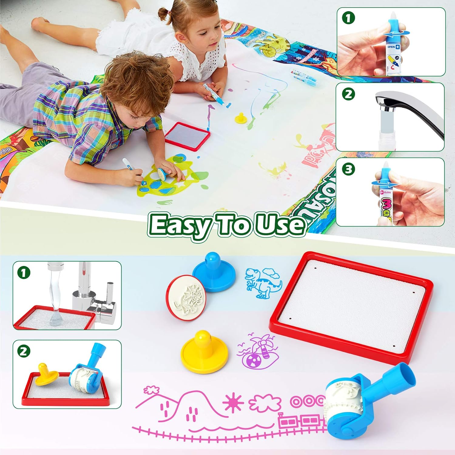Jasonwell Aqua Water Doodle Mat 40 X 32 Inches Large Magic Drawing Doodling Mat Coloring Mat Educational Toys Christmas Birthday Gifts for Kids Toddler Boys Girls Age 2 3 4 5 6 7 8 Year Old