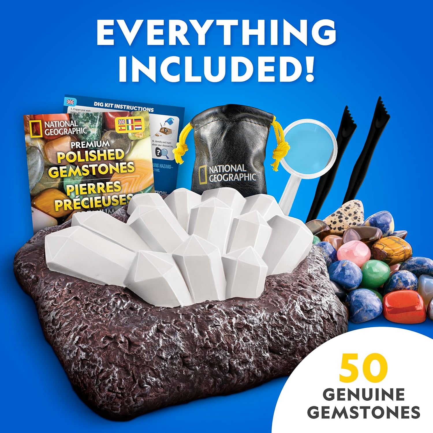 National Geographic Gigantic Gemstone Dig Kit – Excavate Real Gems from a Giant Dig Brick, Gem Mining Kit for Kids, STEM Rock Collection Activity, Includes Tools & Learning Guide