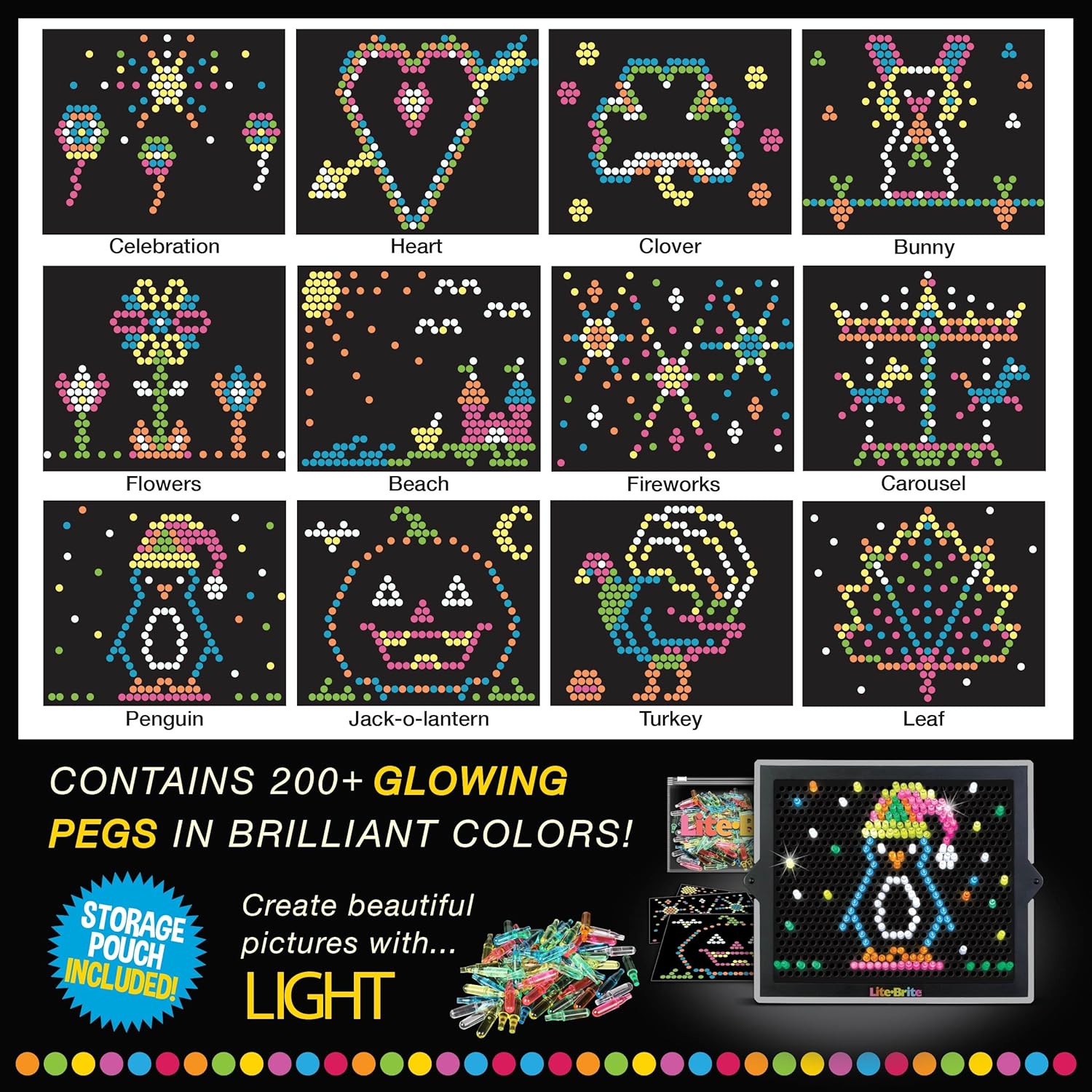 Lite Brite Ultimate Value Retro Toy, 12 Seasonal Templates, Peg Pouch, Light up Creative Activity Toy, Educational Stem, Gift for Girls and Boys, Ages 4+