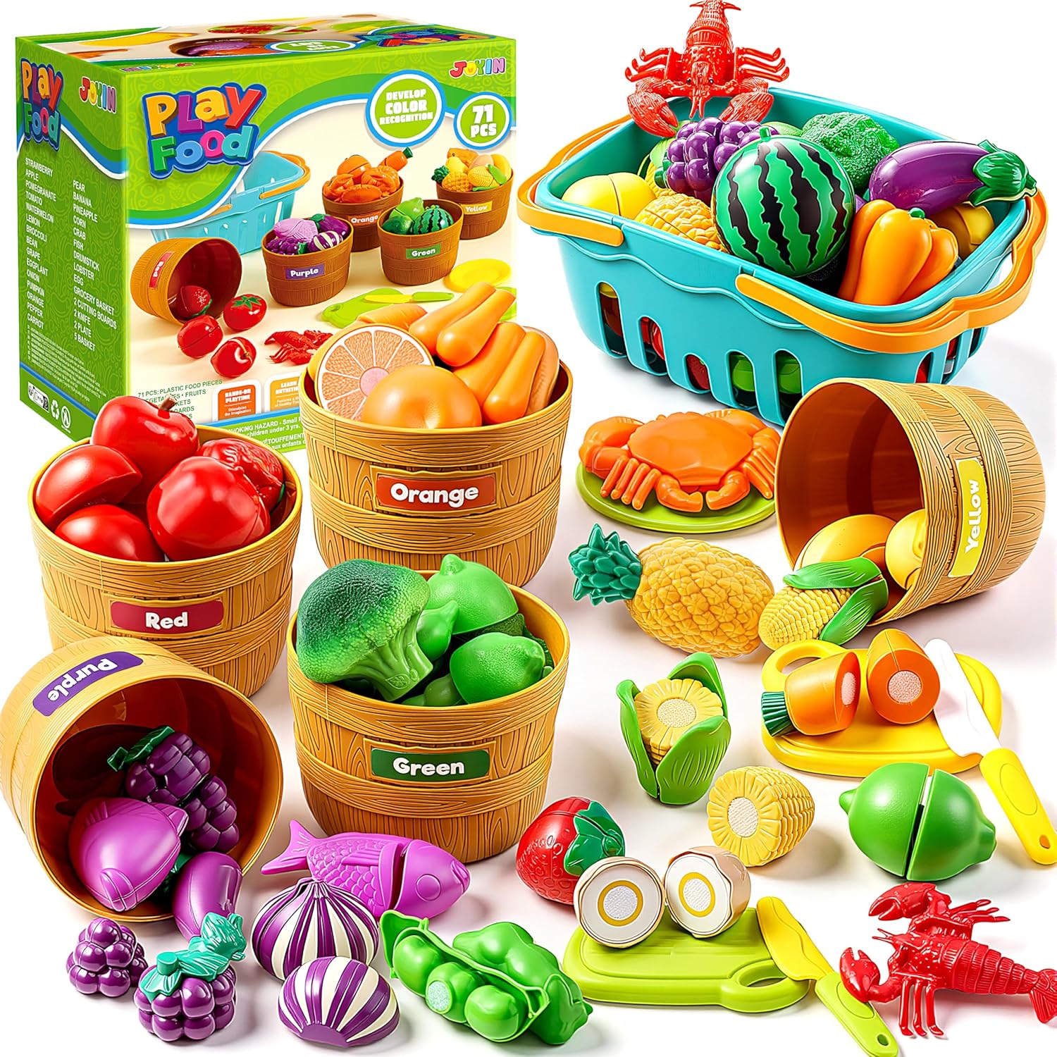 Learning Toys Play Food Set for Toddlers, Cutting Food for Preschool Activities, Play Kitchen Accessories, Educational Toys, Color Sorting Set for Boys & Girls, Back to School Gifts for Toddlers