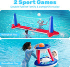 JOYIN Inflatable Pool Float Set Volleyball Net & Basketball Hoops, Balls Included for Kids and Adults Swimming Game Toy, Summer Floaties, Volleyball Court |Basketball