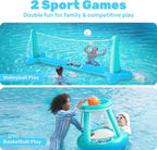 JOYIN Inflatable Pool Float Set Volleyball Net & Basketball Hoops, Balls Included for Kids and Adults Swimming Game Toy, Summer Floaties, Volleyball Court |Basketball