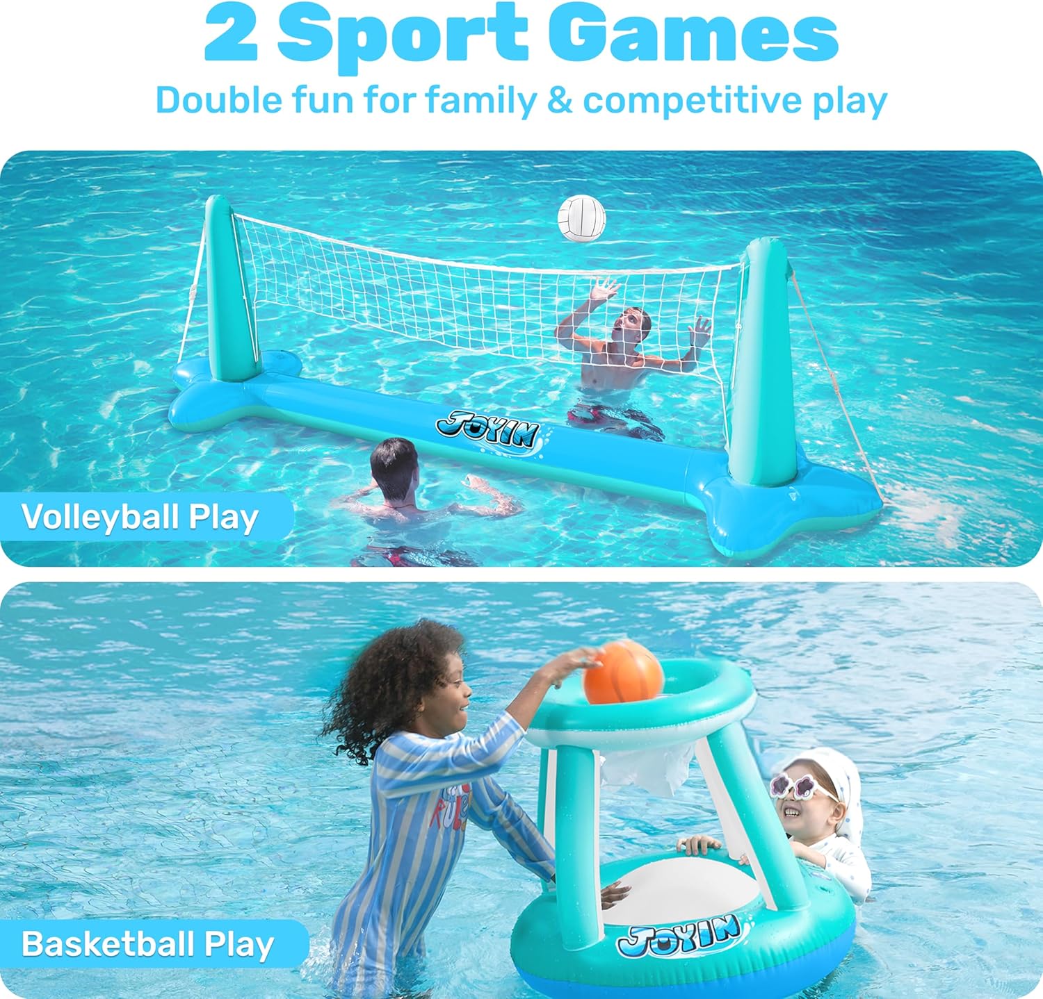 JOYIN Inflatable Pool Float Set Volleyball Net & Basketball Hoops, Balls Included for Kids and Adults Swimming Game Toy, Summer Floaties, Volleyball Court |Basketball
