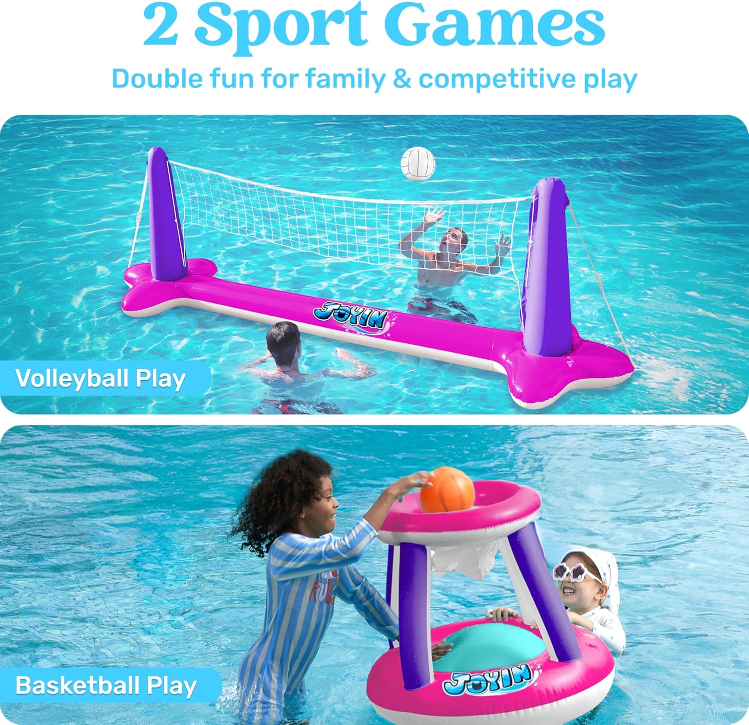 JOYIN Inflatable Pool Float Set Volleyball Net & Basketball Hoops, Balls Included for Kids and Adults Swimming Game Toy, Summer Floaties, Volleyball Court |Basketball