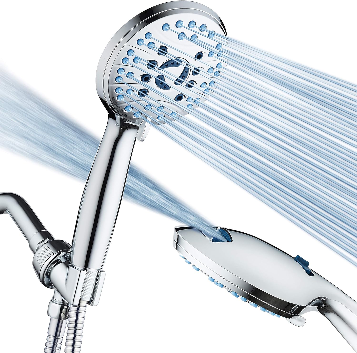 Hotel Spa AquaCare High Pressure 8-mode Handheld Shower Head, Anti-clog Nozzles - Built-in Power Wash to Clean Tub, Tile & Pets, Extra Long 6 ft. Stainless Steel Hose, Wall & Overhead Brackets
