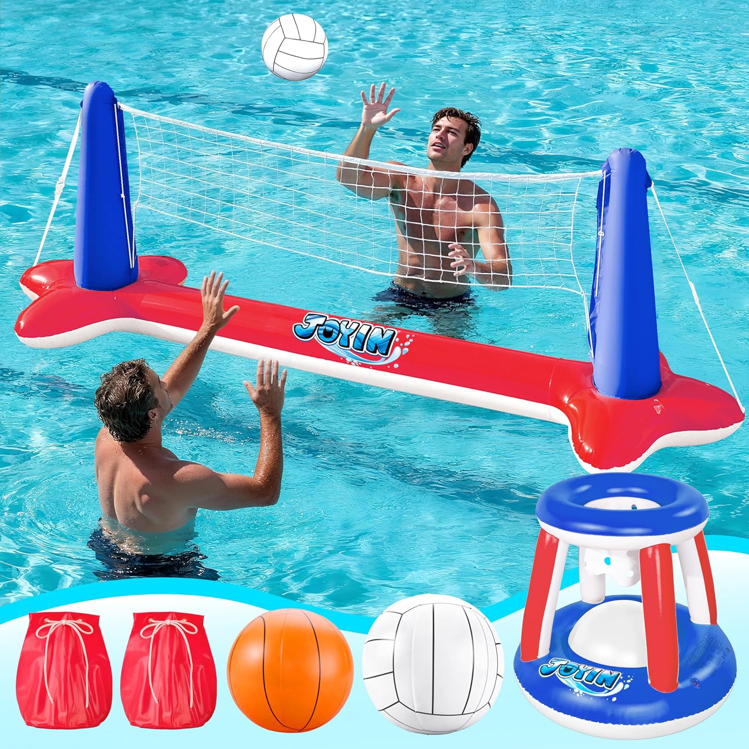 JOYIN Inflatable Pool Float Set Volleyball Net & Basketball Hoops, Balls Included for Kids and Adults Swimming Game Toy, Summer Floaties, Volleyball Court |Basketball
