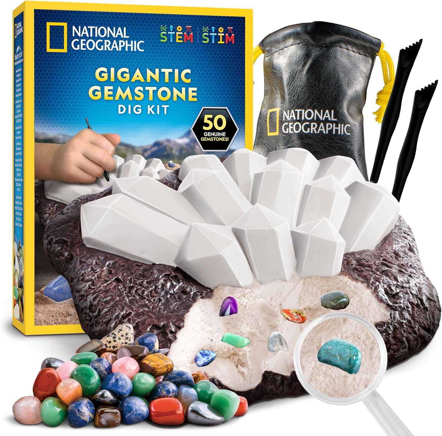 National Geographic Gigantic Gemstone Dig Kit – Excavate Real Gems from a Giant Dig Brick, Gem Mining Kit for Kids, STEM Rock Collection Activity, Includes Tools & Learning Guide