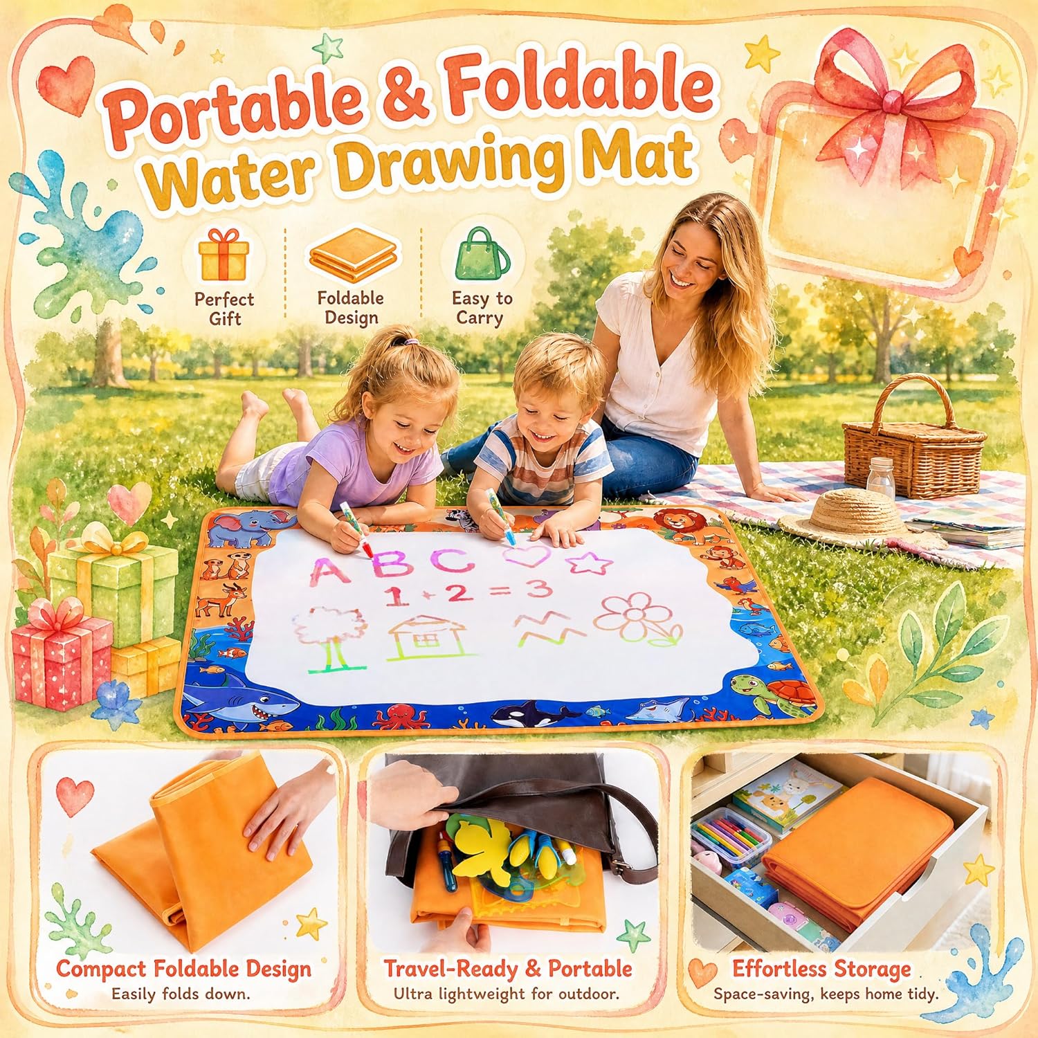 Water Doodle Mat, Kids Drawing Toys for 3 4 5 Year Old Boys Girls Gifts | Reusale Princess Color Mat, Mess-Free Coloring, Educational Doodle Toy, Toddlers Birthday Gifts for Age 3 4 5 6 7 8 Year Old