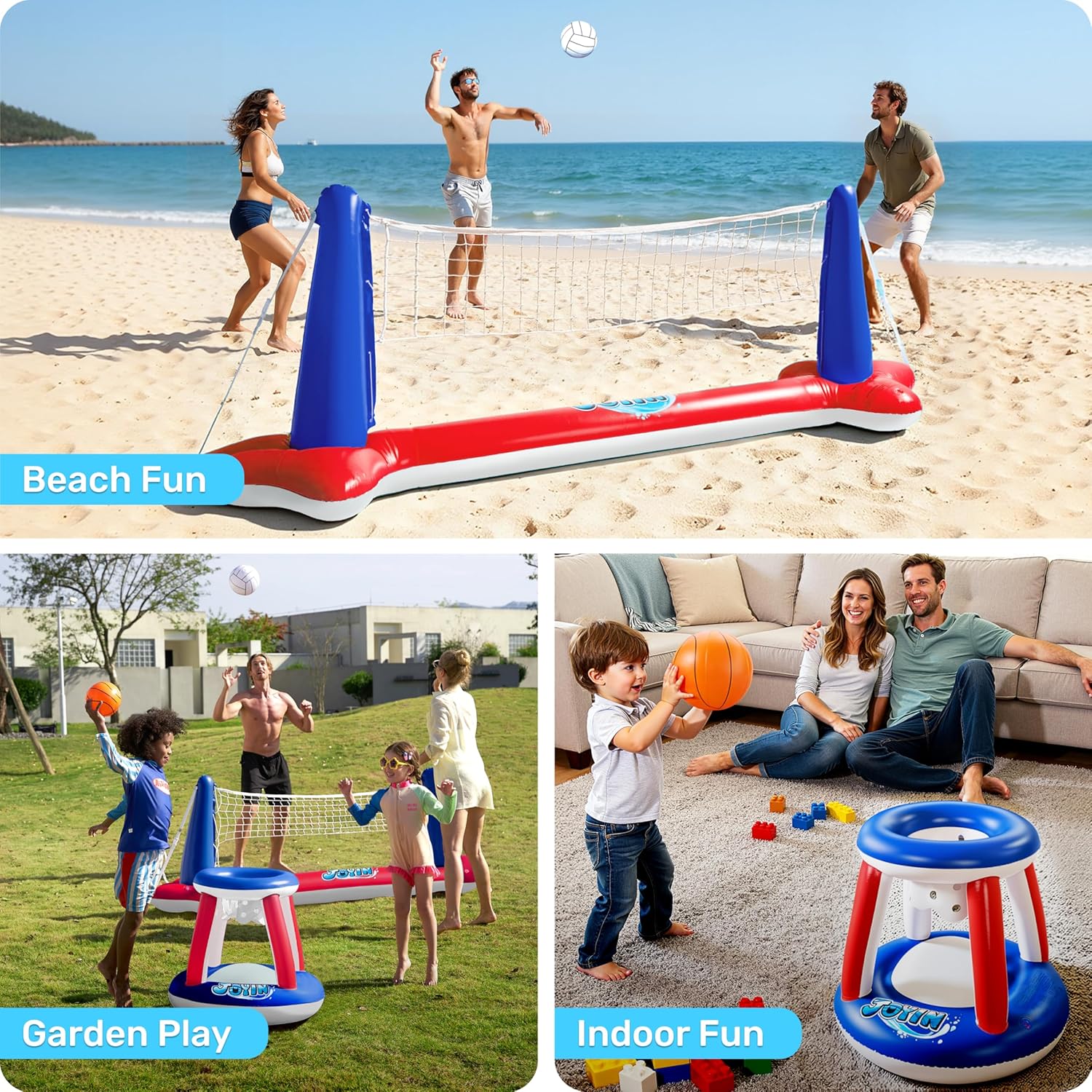 JOYIN Inflatable Pool Float Set Volleyball Net & Basketball Hoops, Balls Included for Kids and Adults Swimming Game Toy, Summer Floaties, Volleyball Court |Basketball