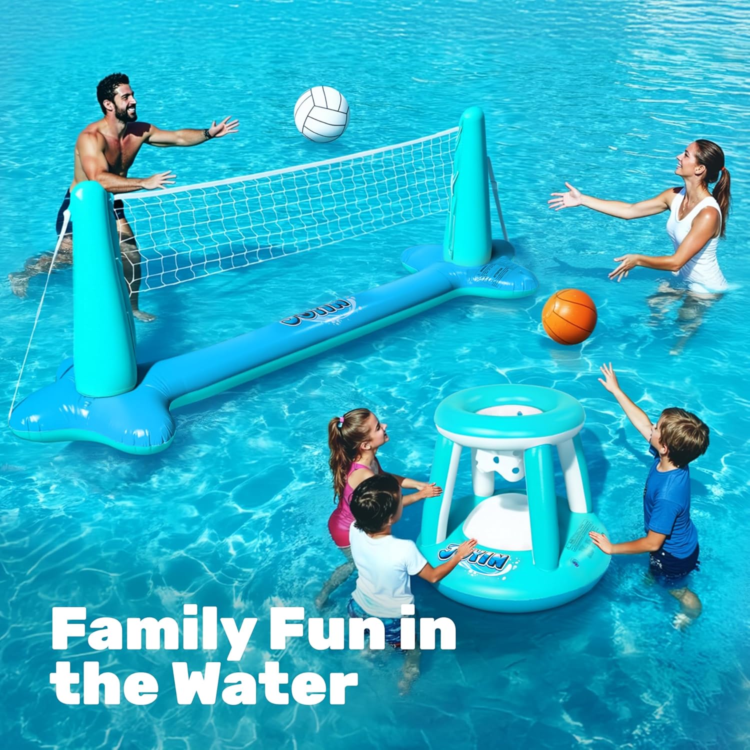 JOYIN Inflatable Pool Float Set Volleyball Net & Basketball Hoops, Balls Included for Kids and Adults Swimming Game Toy, Summer Floaties, Volleyball Court |Basketball