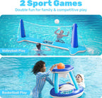 JOYIN Inflatable Pool Float Set Volleyball Net & Basketball Hoops, Balls Included for Kids and Adults Swimming Game Toy, Summer Floaties, Volleyball Court |Basketball