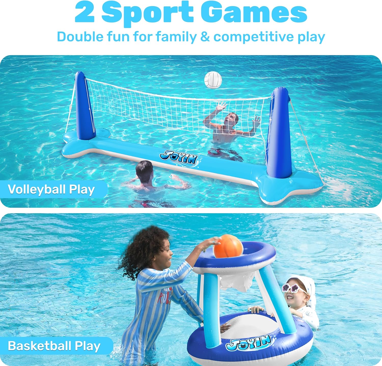 JOYIN Inflatable Pool Float Set Volleyball Net & Basketball Hoops, Balls Included for Kids and Adults Swimming Game Toy, Summer Floaties, Volleyball Court |Basketball