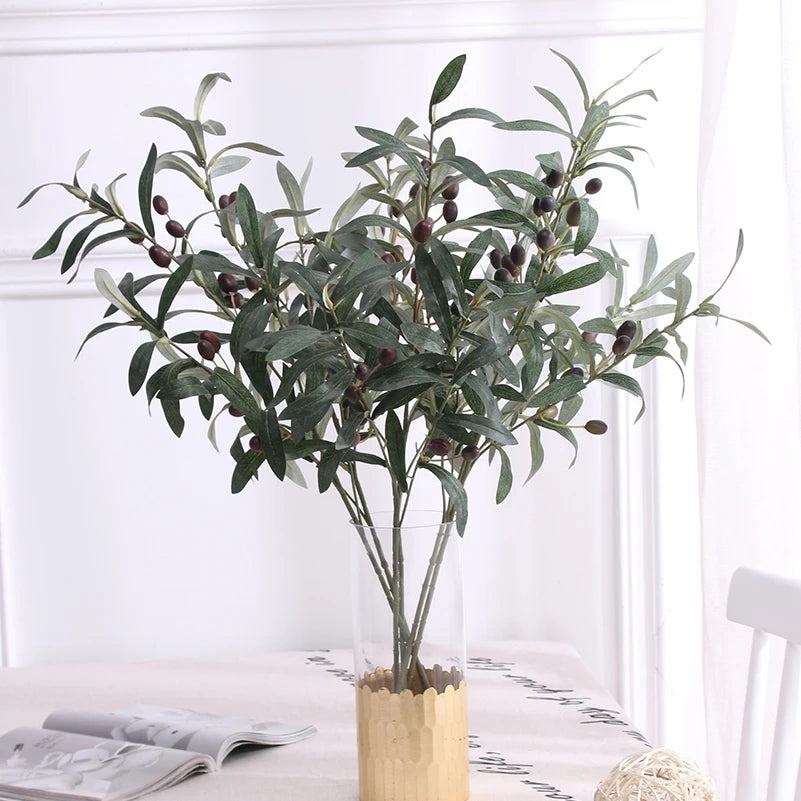 1PC Artificial Olive Green Leaves Tree Branches Christmas Fruit Fake Plants Photo Props Home Wedding Decortion Silk Flowers