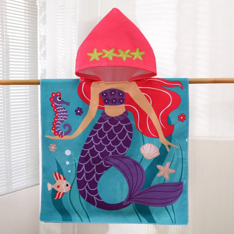 1 Pack of Cartoon Hooded Poncho Bath Towels for Children Aged 2-7, Made of Polyester Fiber with Strong Water Absorption, Cartoon-Themed Bath Towel, Suitable for Beach Trips, Bathroom Supplies