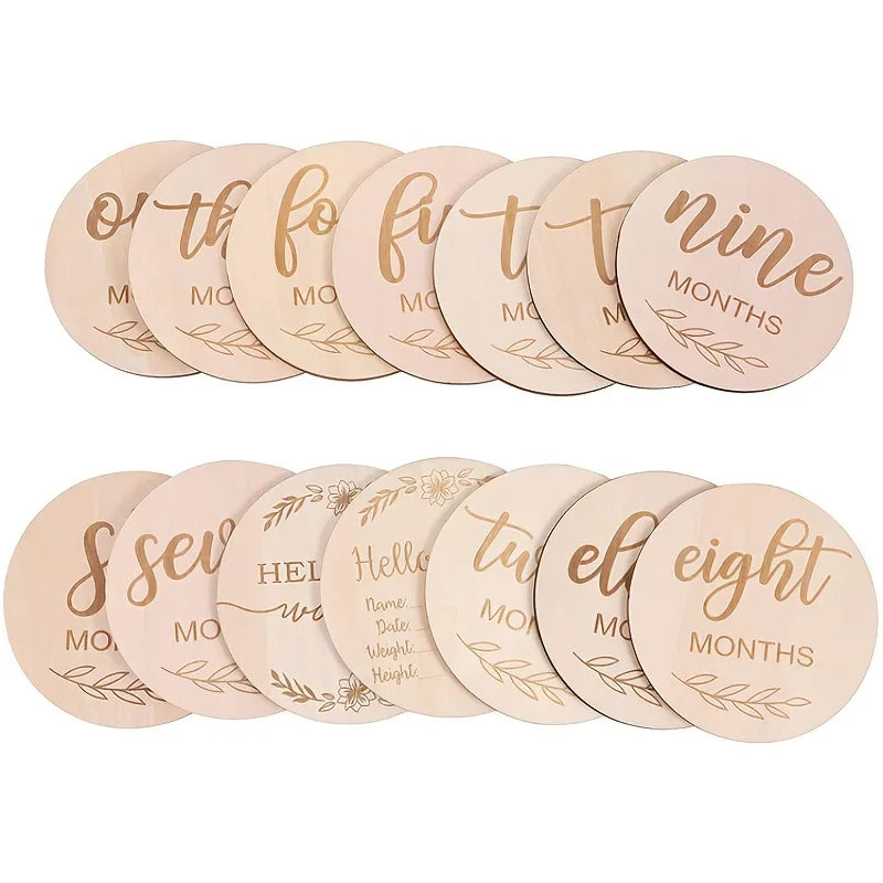 Wooden Wood Chip Month Souvenir Card Baby Growth Milestone Double Sided Laser Engraved Wooden Chip Newborn Photography Props