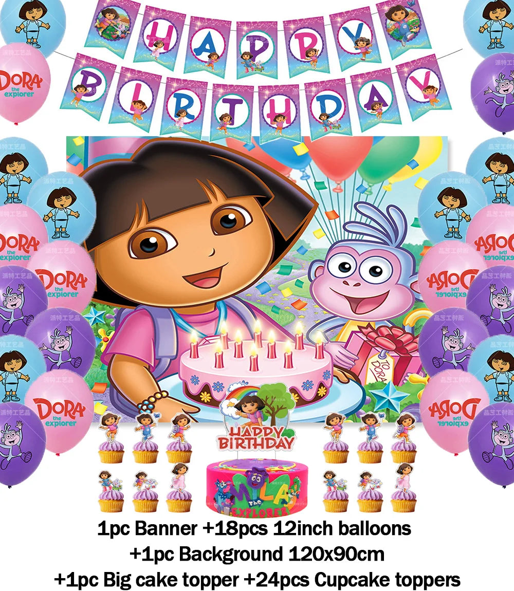 Cartoon-Dora-The-Explorer Theme Kids Birthday Party Digital Balloon Banner Background Cake Topper Decoration Supplies Baby Gifts