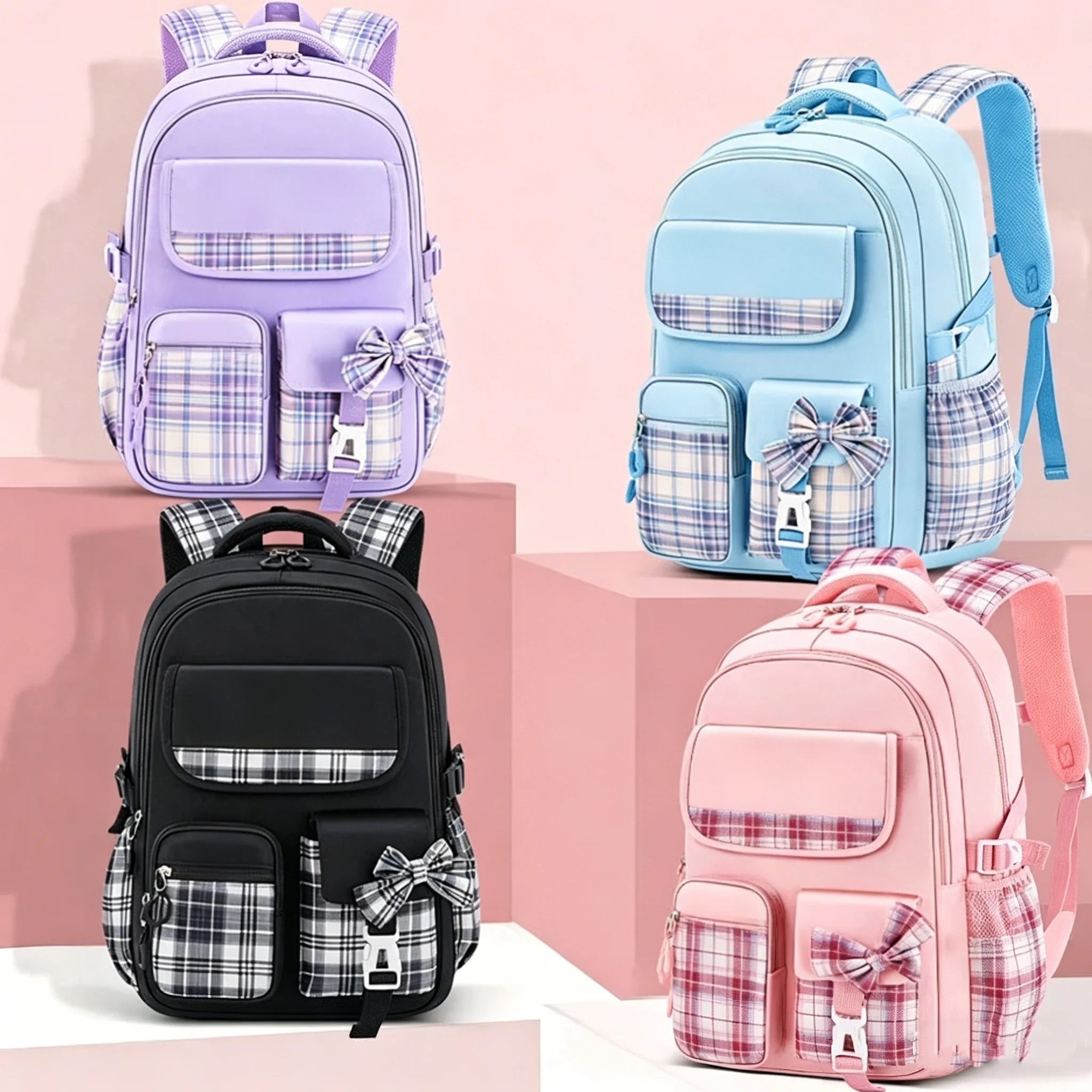 Protecting The Spine Ergonomics Elementary School Students Girls Checkered Backpack Large Capacity Lightweight Waterproof