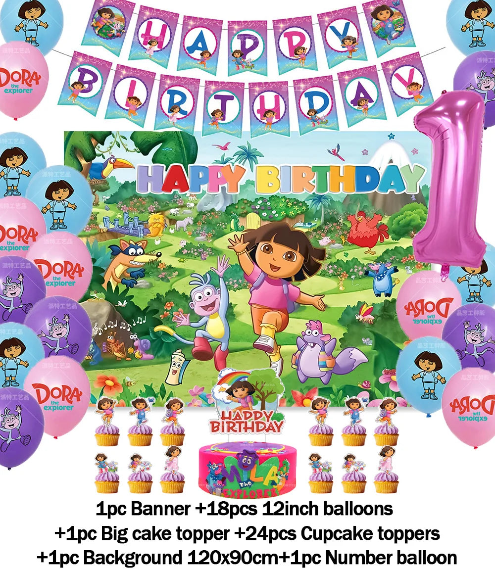 Cartoon-Dora-The-Explorer Theme Kids Birthday Party Digital Balloon Banner Background Cake Topper Decoration Supplies Baby Gifts