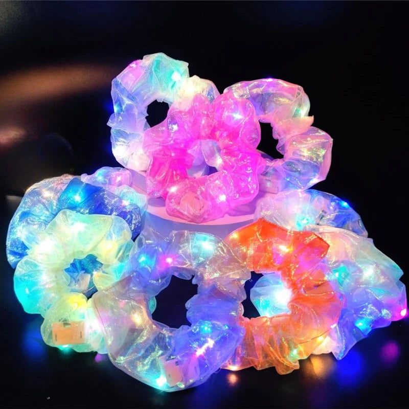 10pcs LED Scrunchies Light Up Organza Hair Scrunchy Elastic Hair Ties for Women Girl Glow in The Dark Party Supplies Neon Outfit