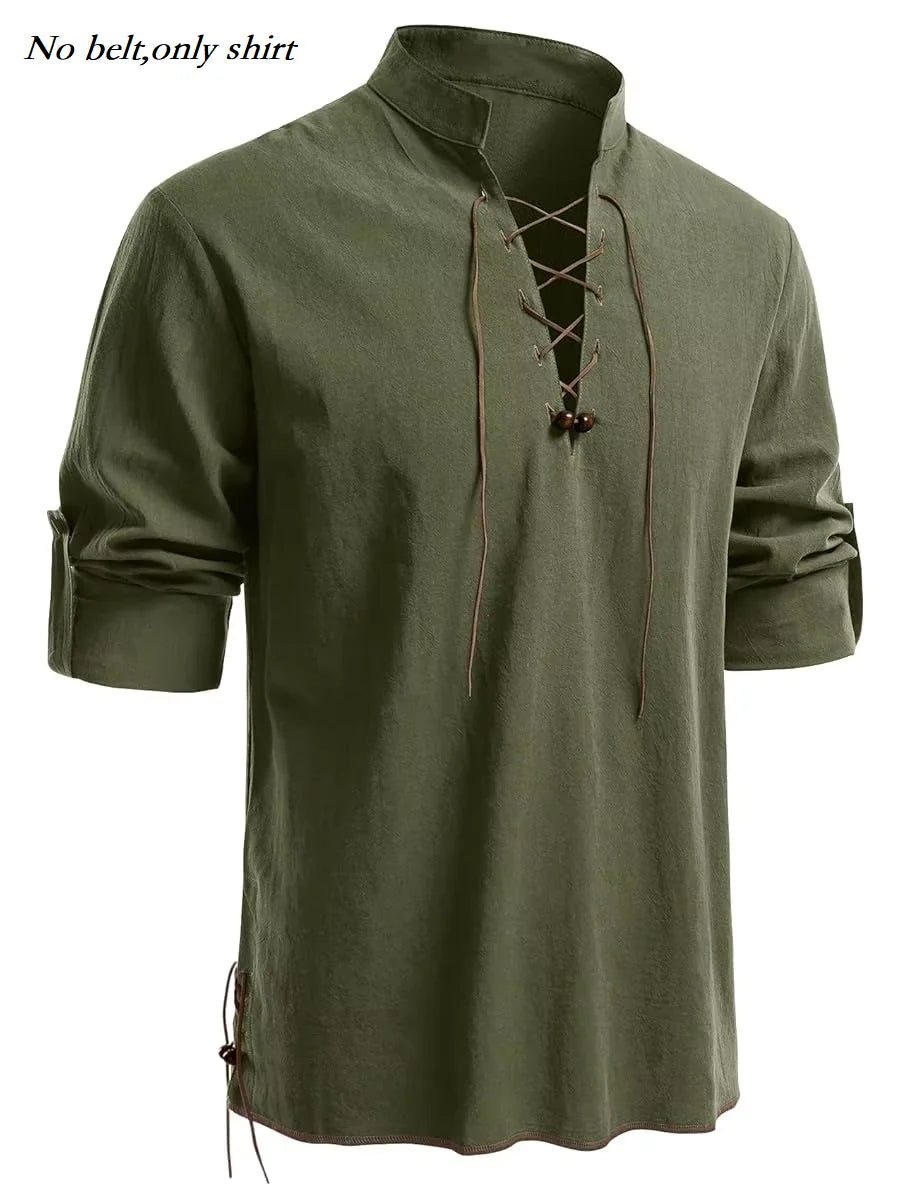 Runcati Mens Medieval Pirate Shirt Cotton Retro Lace Up Renaissance Shirts Viking Long Sleeve Halloween Costume Tops