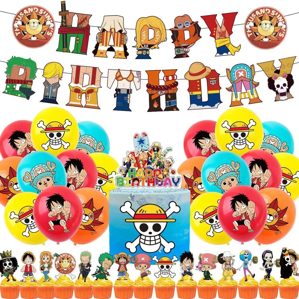 ONE PIECE Birthday Party Supplies Balloons Flags Cake Decorations for Kids Cartoon Theme