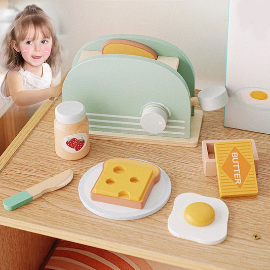 Wooden Toaster Toy Kids Pretend Play Kitchen Educational Breakfast Set