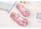 Princess Kids Leather Shoes for Girls Flower Casual Glitter Children High Heel Girls Shoes Butterfly Knot Blue Pink Silver