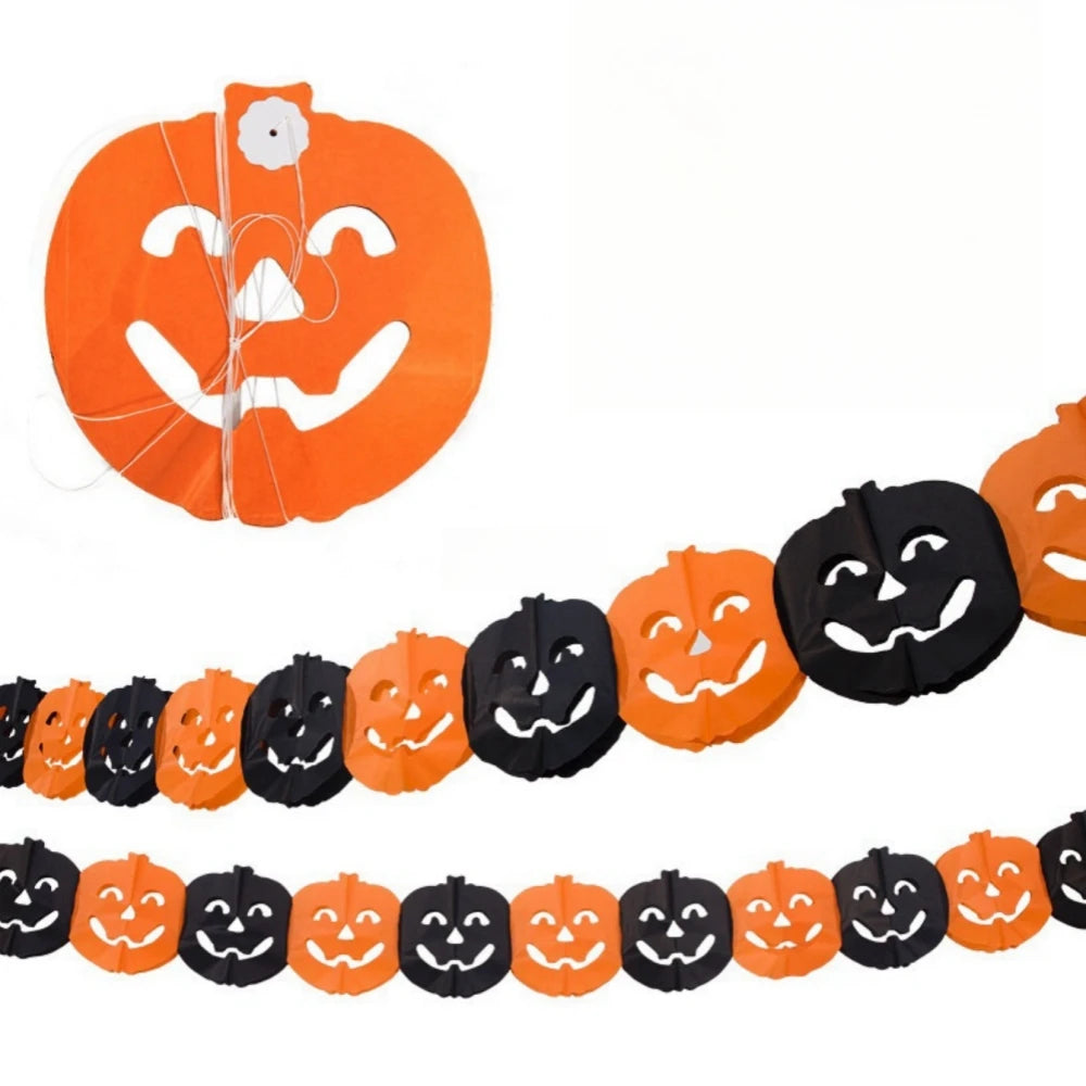 Halloween Paper Banner Spider Pumpkin Ghost Bat Paper Chain Halloween Decoration Garland Banner Paper Pull Flower Party Supplies