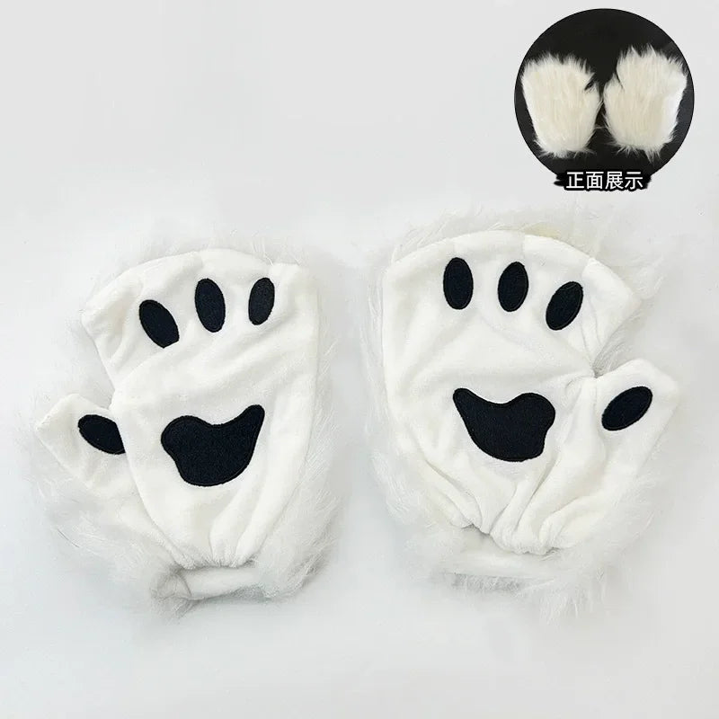 FluffyAnime Animal Fur Fox Tail Cat Paws Gloves and Ears Headwear Face Mask Cosplay Costume  Set Halloween Party Accessorie