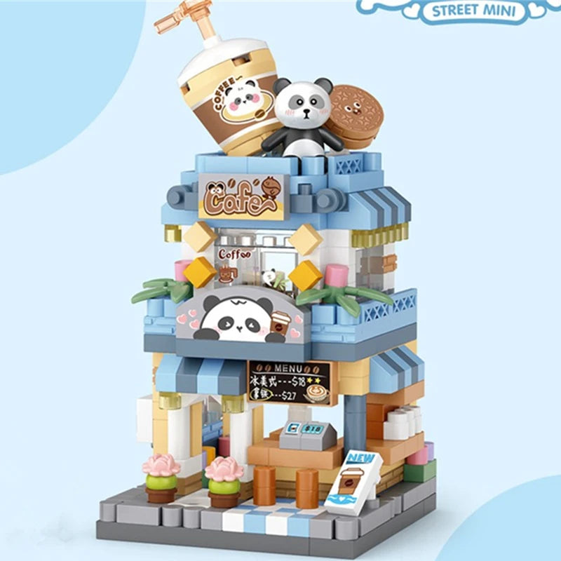 Mini ABS Self-Locking Bricks Street View Blocks Panda Coffee Ice Cream Flower Shop DIY Toy for Kids Girls Birthday Gift