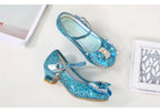 Princess Kids Leather Shoes for Girls Flower Casual Glitter Children High Heel Girls Shoes Butterfly Knot Blue Pink Silver