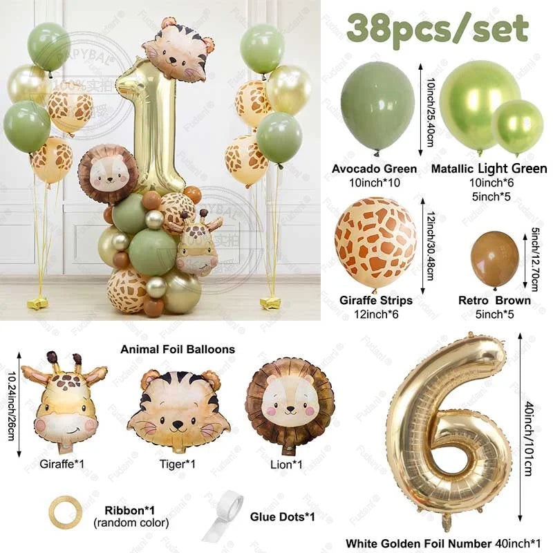 38pcs Wild Animal Balloon Tower with Gold 1-9 Number Balloon for Jungle Safari Birthday Party Decoration Forest Party Supply