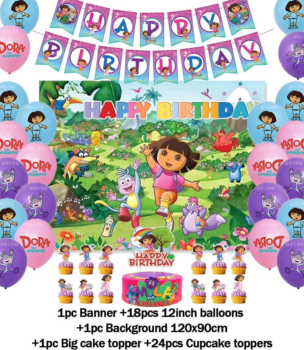 Cartoon-Dora-The-Explorer Theme Kids Birthday Party Digital Balloon Banner Background Cake Topper Decoration Supplies Baby Gifts