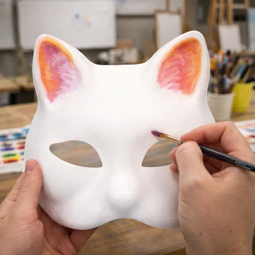 5 Pcs Blank White Cat Mask, DIY Unpainted Half Face Mask for Kids Adults Halloween Masquerade Party Art Painting Craft Project