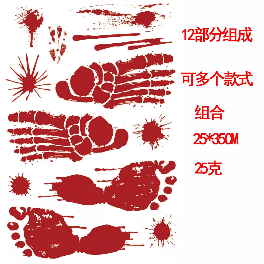 Halloween Wall Doors Windows Stickers Blood Handprint Footprint Skull Pattern Halloween Party Scene Decor Supplies Horror Props
