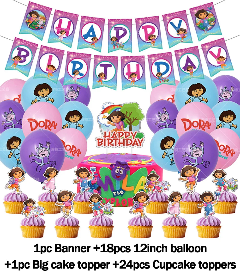 Cartoon-Dora-The-Explorer Theme Kids Birthday Party Digital Balloon Banner Background Cake Topper Decoration Supplies Baby Gifts