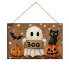 Black Cat Shaped Happy Halloween Wooden Hanging Sign Pumpkin Bat Spider Castle Print Front Door Plaque for Halloween Porch Decor