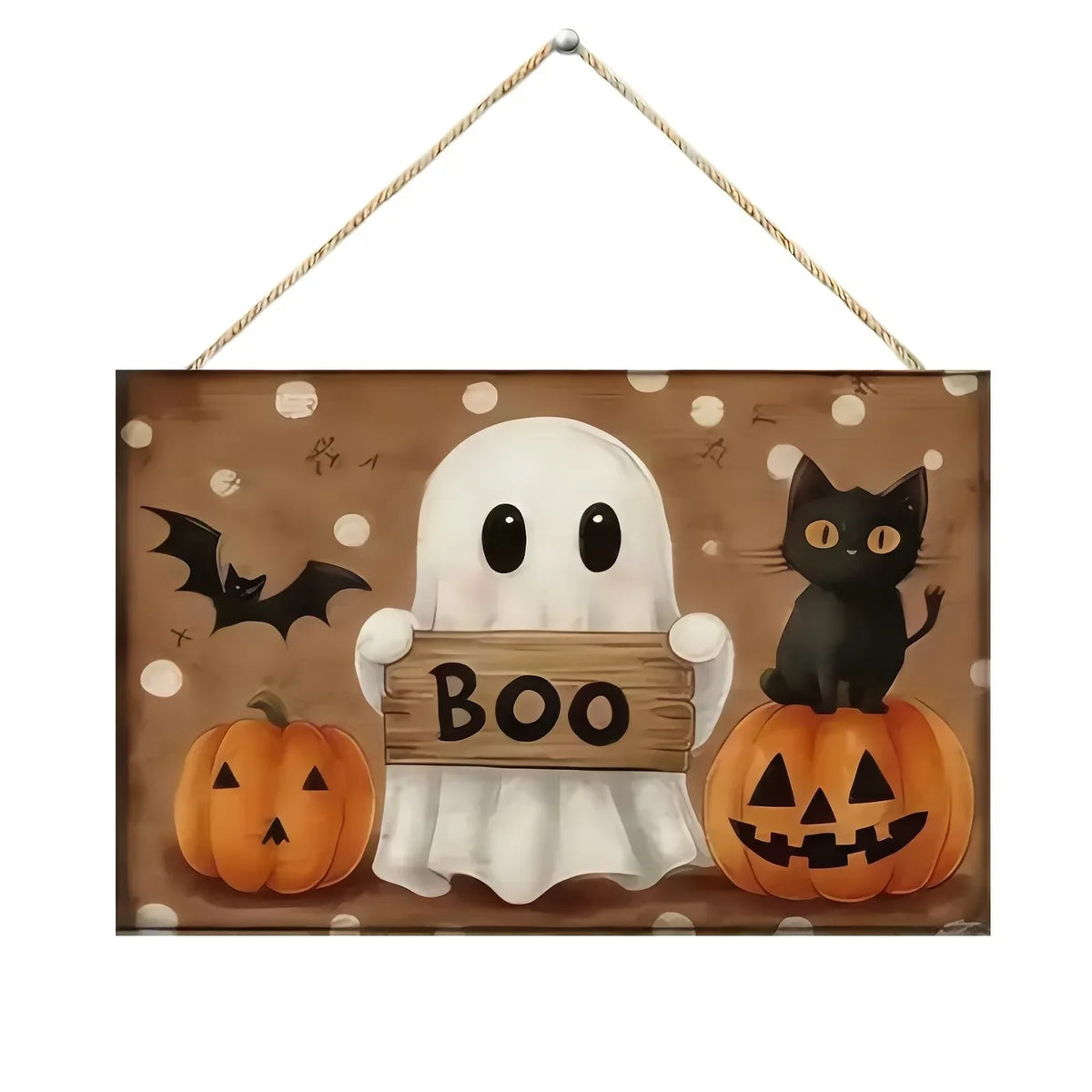 Black Cat Shaped Happy Halloween Wooden Hanging Sign Pumpkin Bat Spider Castle Print Front Door Plaque for Halloween Porch Decor