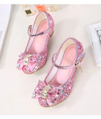 Princess Kids Leather Shoes for Girls Flower Casual Glitter Children High Heel Girls Shoes Butterfly Knot Blue Pink Silver