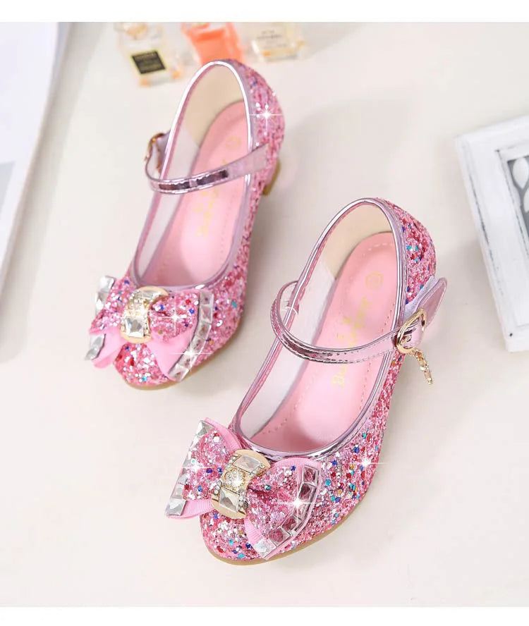 Princess Kids Leather Shoes for Girls Flower Casual Glitter Children High Heel Girls Shoes Butterfly Knot Blue Pink Silver