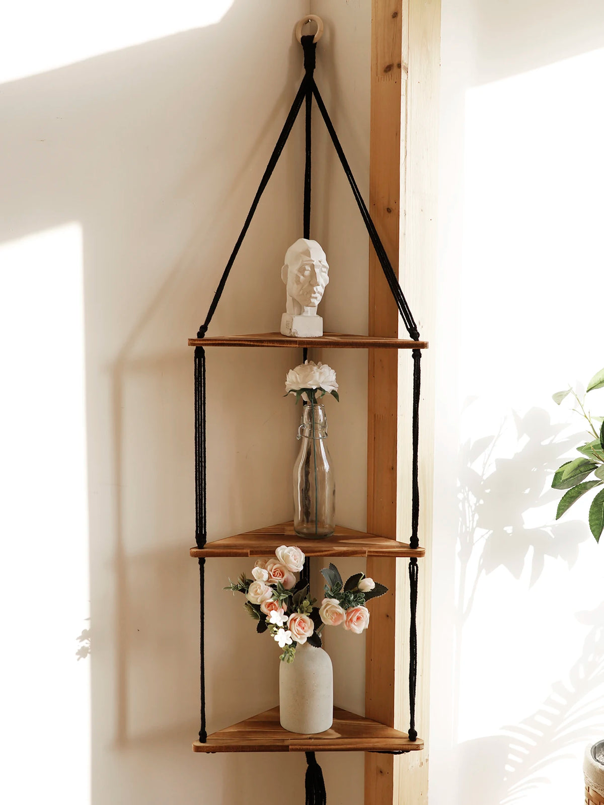 1/2/3-tier Floating Wall Shelf Wood Triangle Corner Display Stand Boho Home Decoration Living Room Bedroom Wall Hanging Decor