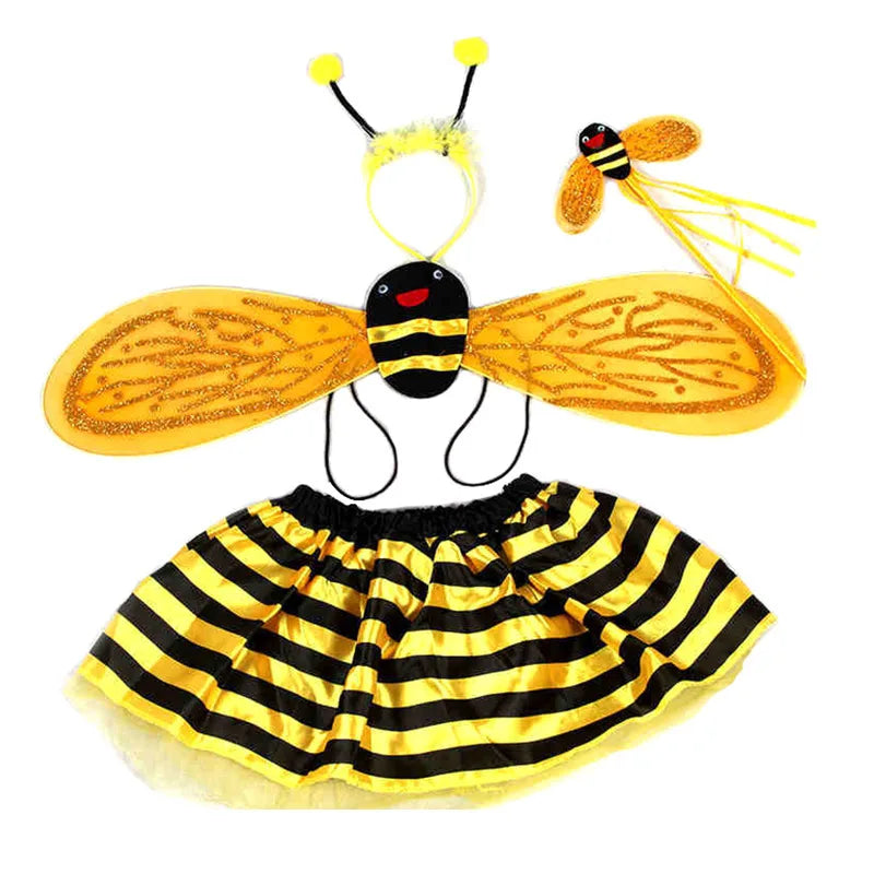 4 Piece Yellow Bee Cosplay Costume Halloween Bee Antennae Headband Hairband Wings Magic Wand Funny Dress Fairy Props Set