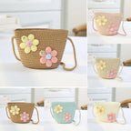 Handmade Woven Girl Flower Straw Bag Coin Purse Zipper Kid Messenger Bags Photo Props Storage Basket Crossbody Handbag