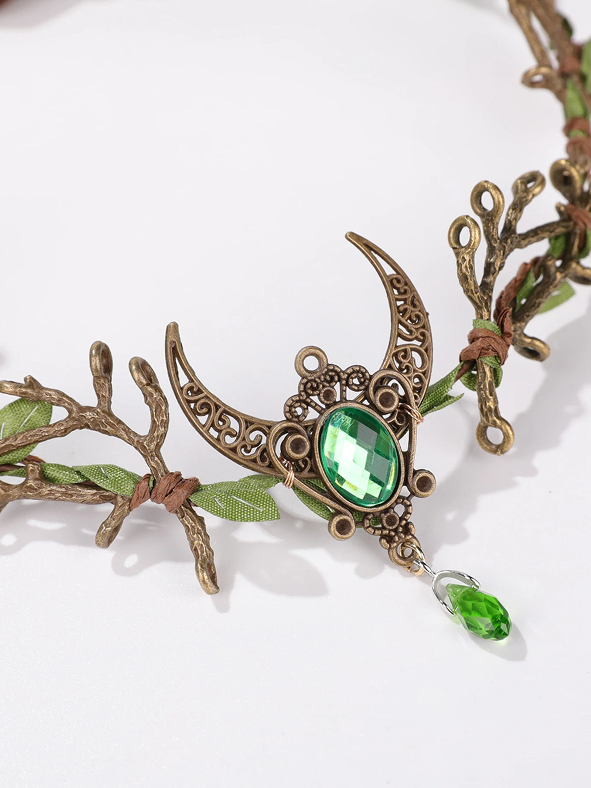 Fantasy Forest Fairy Moon Accessory - Green Gemstone Branch and Leaf Headband - Halloween / Fairy-Themed Party / Outdoor Photo Shoots