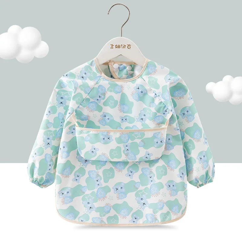 1PC Child Feeding Bib Waterproof Long Sleeve Apron Rice Pocket Feeding Blouse Toddler Bibs Children's Summer Thin Feeding Smock