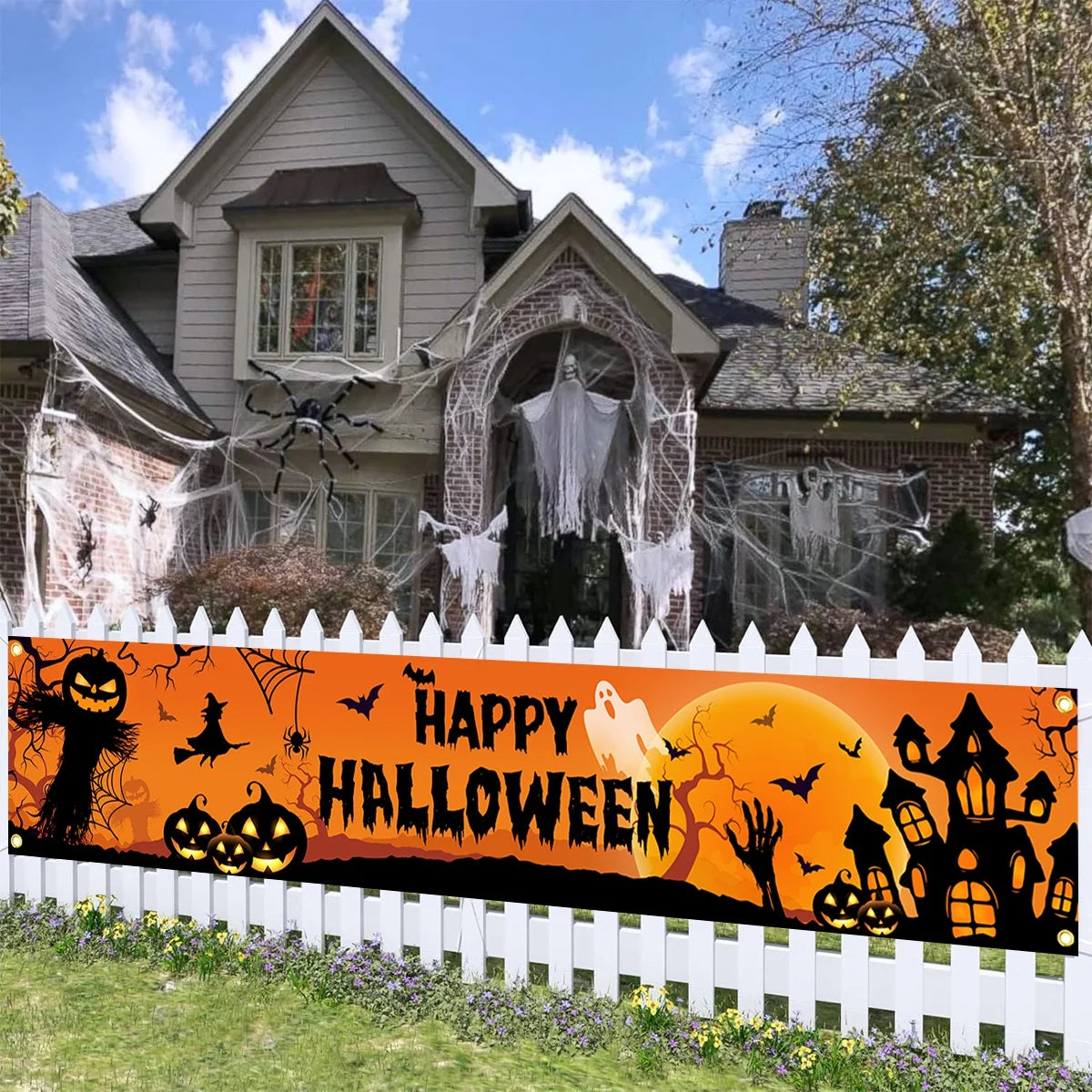 Happy Halloween Outdoor Banner Happy Halloween Decoration For Home Pumpkin Bat Print Backdrop Horror Theme Party Suppiles