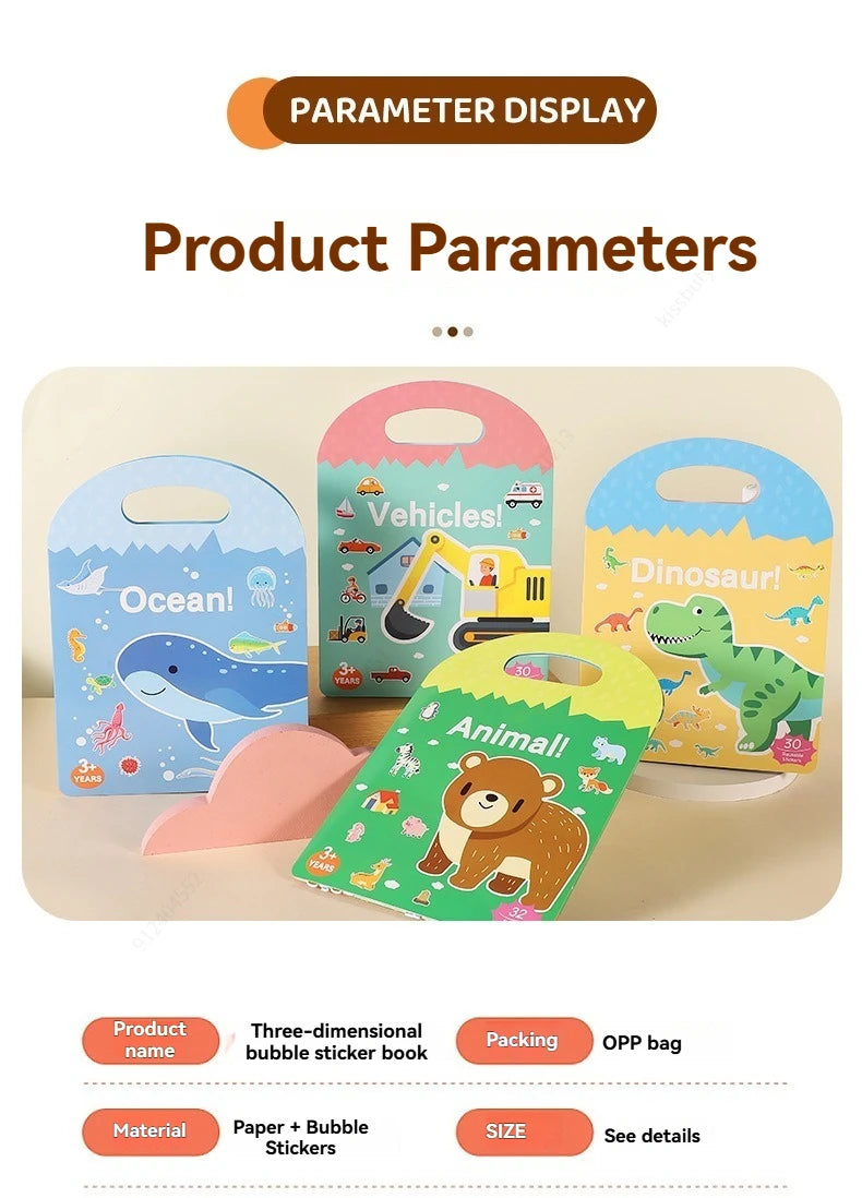 Sticker Books 3D Reusable Stickers Books Animal Dinosaurs Ocean World Vehicle Educational Travel Stickers