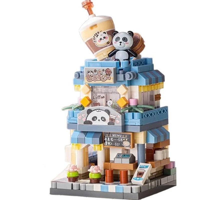Mini ABS Self-Locking Bricks Street View Blocks Panda Coffee Ice Cream Flower Shop DIY Toy for Kids Girls Birthday Gift